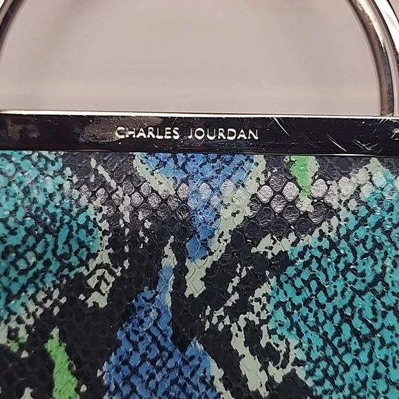 Charles Jourdan VINTAGE blue green gray reptile print silver hardware purse.boho - Picture 2 of 9